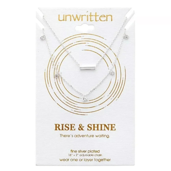 Rise&Shine Unwritten Silver Plated Cubic Zirconia Bar Duo Necklace Beaded Chain - Picture 2 of 2